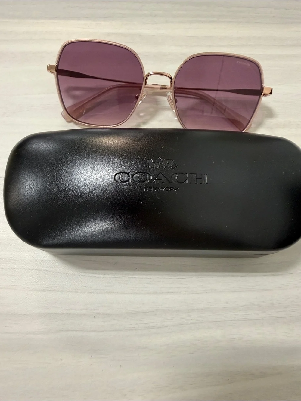 Coach Women's Square Metal Sunglasses in Rose Gold with Purple Lenses hc7180D